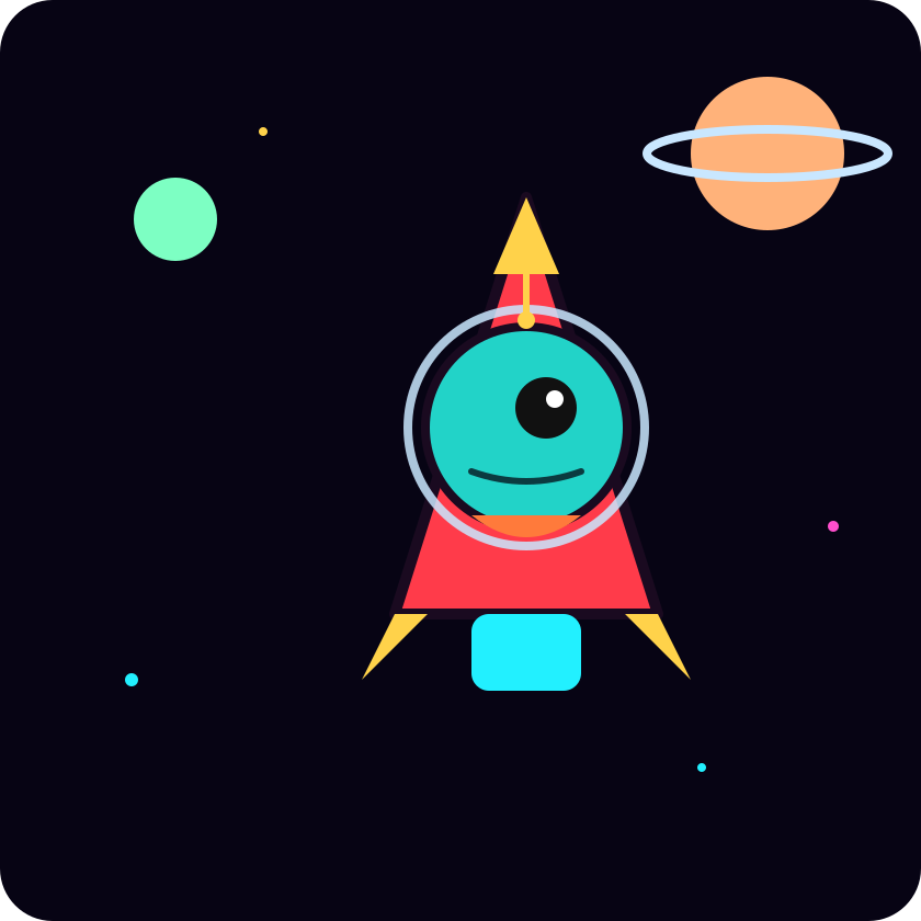 Blip, the Galaxy No rocket alien mascot, waving from a stubby red rocket